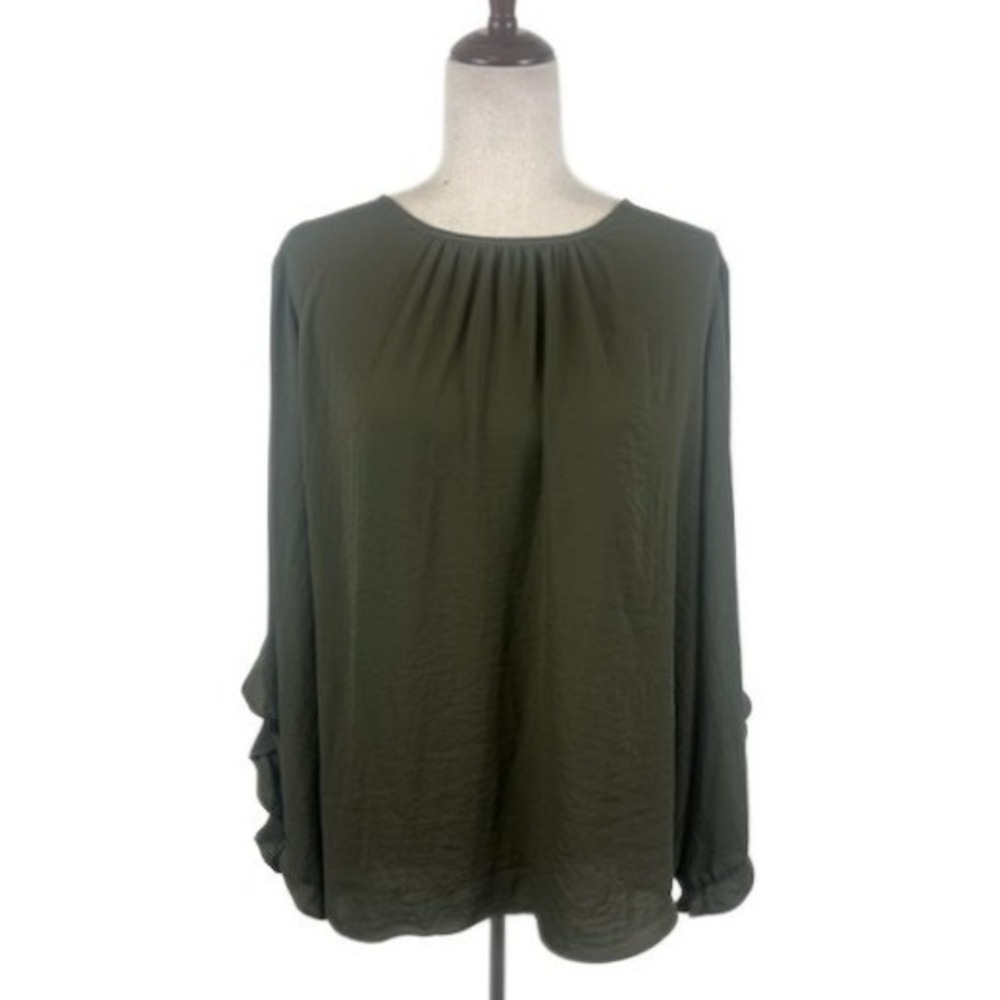 Simply Vera Vera Wang Olive Green Ruffle Sleeve Long Sleeve Blouse Top Size XL